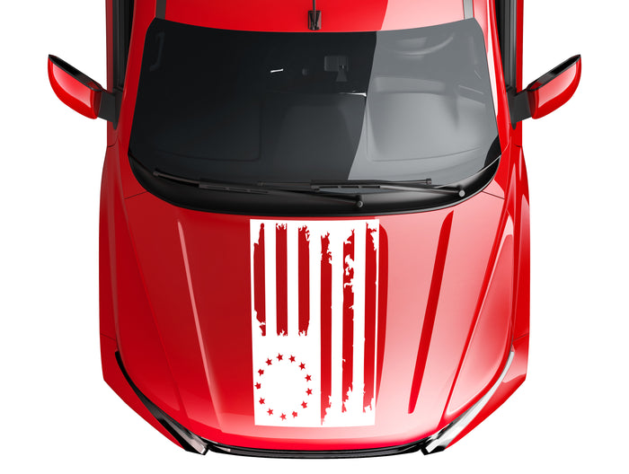 (1) US Flag Distressed 13 Stars Inverted USA Vinyl Hood Decal fits Jeep Wrangler TJ JK LJ 0316
