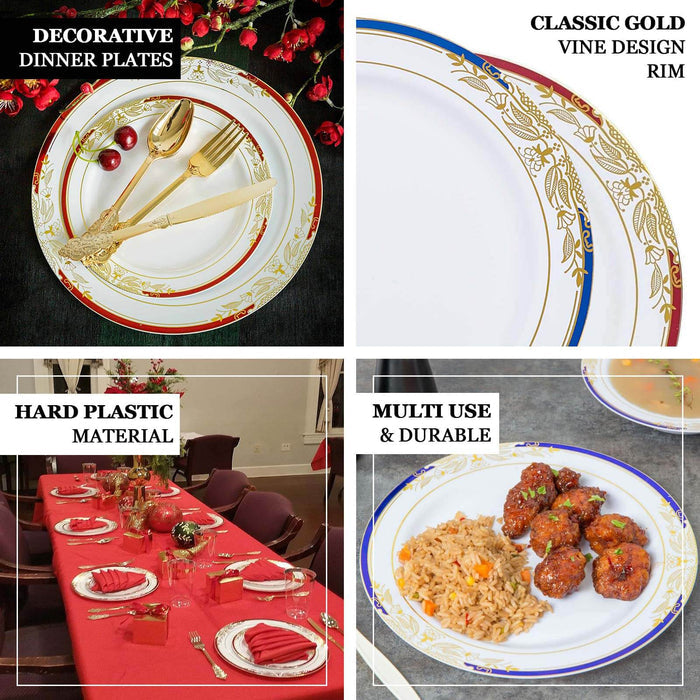 Decorative dinner plates with classic gold vine design, hard plastic, multi-use & durable.