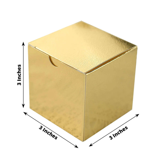 Gold square gift box, 3 inches by 3 inches, shiny finish.