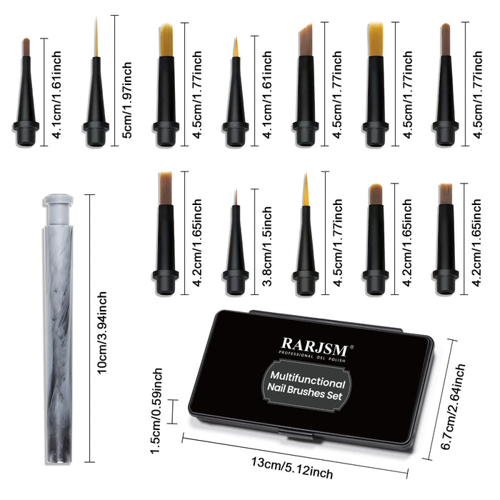 12-piece nail art brush set specifications - brush lengths 4.1-5cm, pen handle 10cm, storage case 13x6.7cm with RARJSM branding
