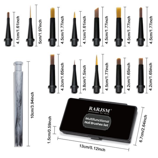 12-piece nail art brush set specifications - brush lengths 4.1-5cm, pen handle 10cm, storage case 13x6.7cm with RARJSM branding