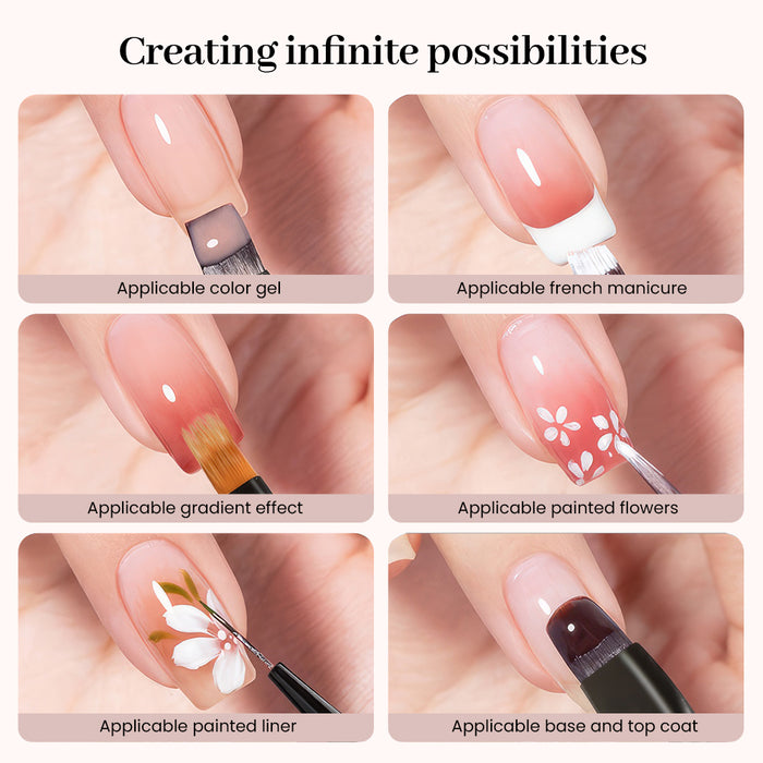 12-piece multifunctional nail art brush set applications - color gel, French manicure, gradient, painted flowers, liner, base and top coat