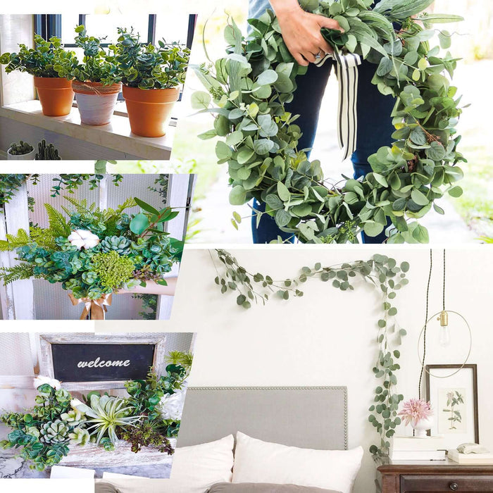 Assorted greenery arrangements and wreaths in various settings.