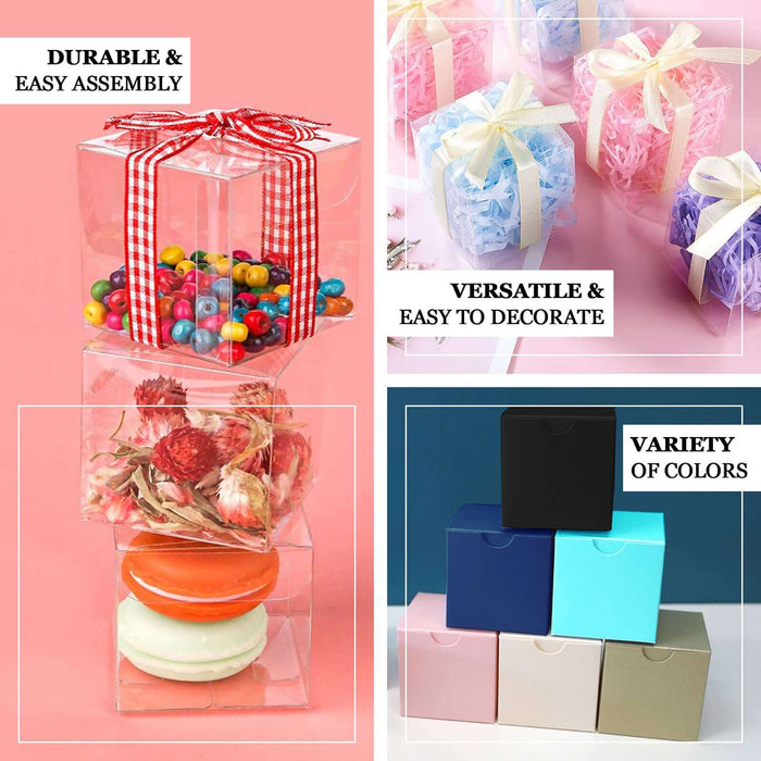 Stacked clear gift boxes filled with colorful candies and decorations.
