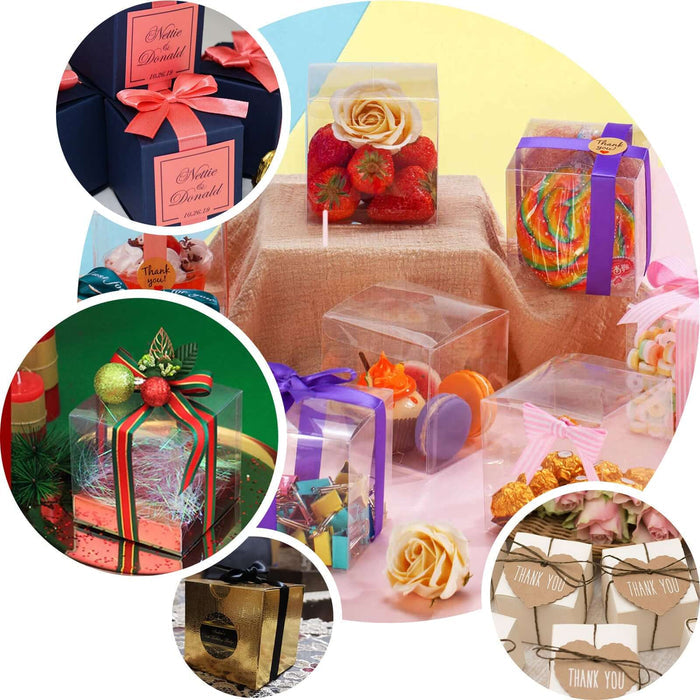Assorted gift boxes with decorative ribbons and treats for various occasions.
