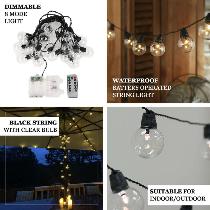 Dimmable battery-operated string light with clear bulbs and black string.