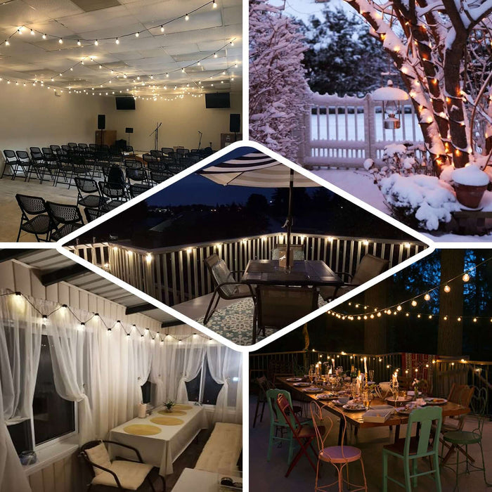String lights enhancing various outdoor and indoor settings for ambiance.