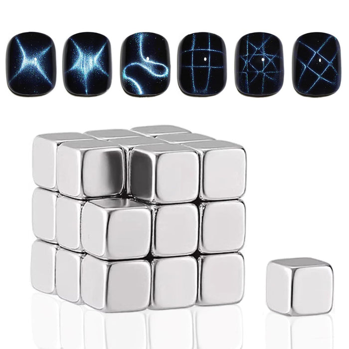 27-piece cube magnet creates 6 cat eye effects - X-shape, star, S-curve, full light, checkerboard, five-pointed star patterns