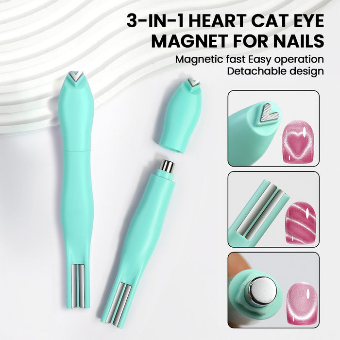 3-in-1 heart cat eye magnet tool detachable design three magnetic tips light blue professional nail art wand