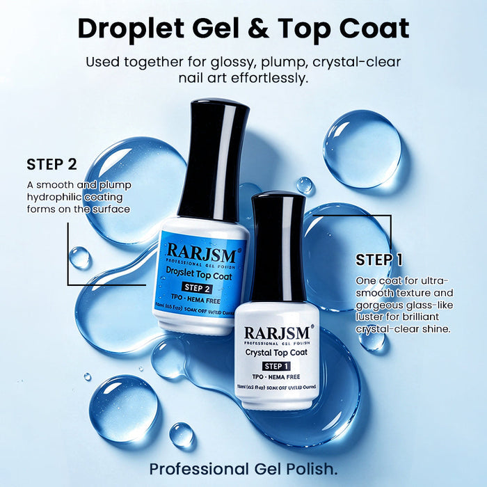 RARJSM Droplet Gel & Top Coat Set - used together for glossy plump crystal-clear nail art, TPO HEMA Free