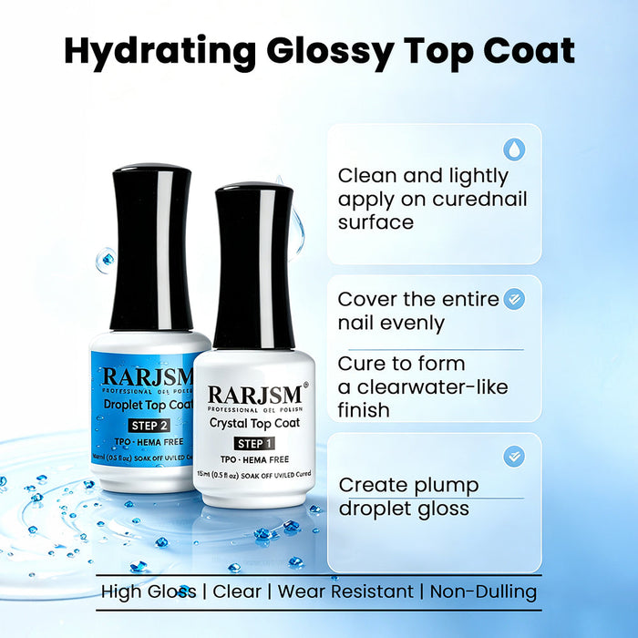 RARJSM Hydrating Glossy Top Coat Set - Crystal and Droplet Top Coat, high gloss clear wear resistant