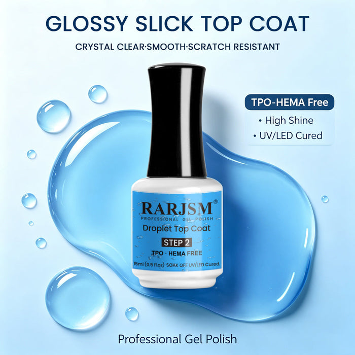 RARJSM Blue Droplet Top Coat - Salon-Quality Manicure with light sparkle and glossy finish, TPO HEMA Free