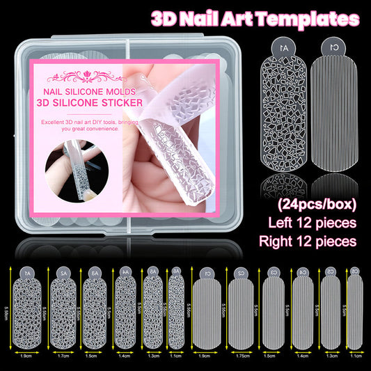 3D silicone nail mold 24 pieces crystal stripe templates storage box two shapes graduated sizes professional nail art tool