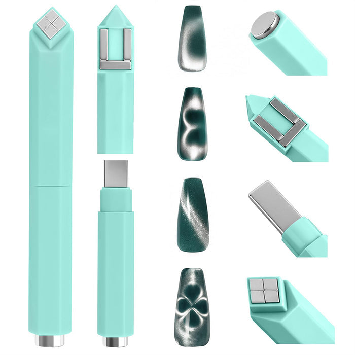 RARJSM 4-in-1 pen-style cat eye magnet mint green detachable two-piece body showing four magnetic tips grid double bar single bar round and four nail effect examples on dark green nails