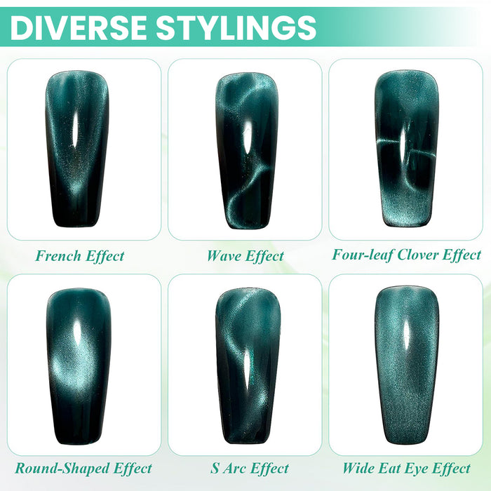 RARJSM 4-in-1 cat eye magnet diverse stylings six effects French effect wave effect four-leaf clover effect round-shaped effect S arc effect wide cat eye effect on dark teal nails