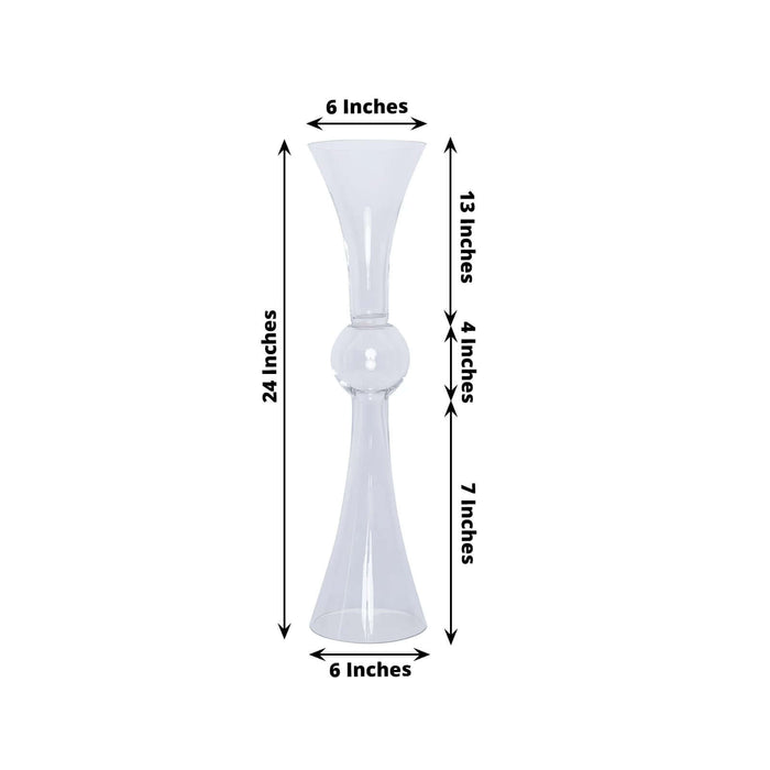 Clear glass vase with a unique design, measuring 24 inches tall and 6 inches wide.