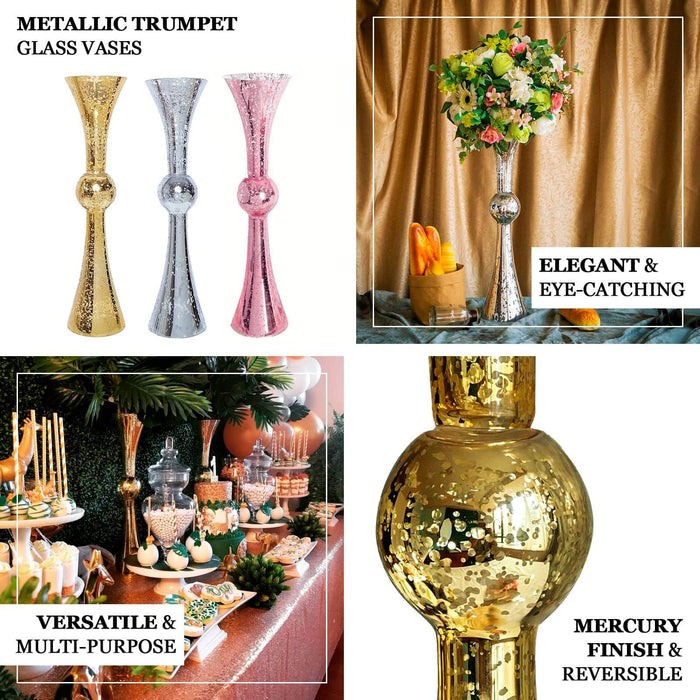 Metallic trumpet glass vases in silver, gold, and rose gold. Elegant and eye-catching.