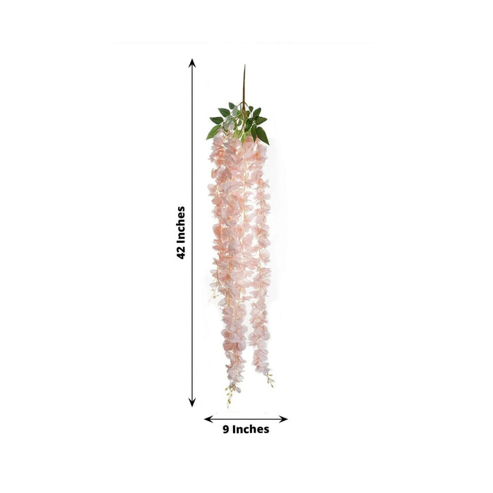 Pink artificial wisteria flower hanging garland, 42 inches long, 9 inches wide.