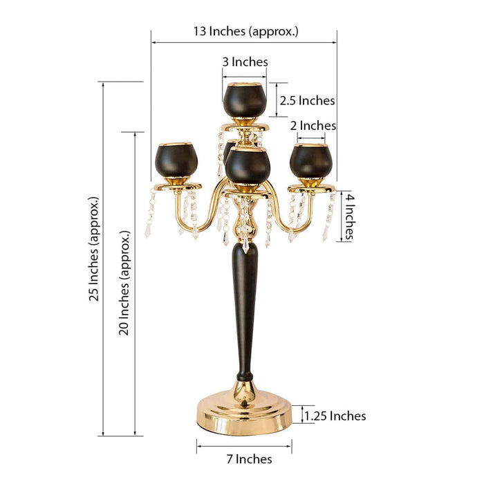 Elegant black and gold candelabra with crystal accents, dimensions included.