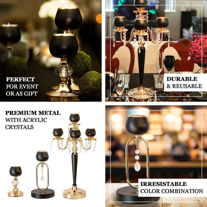 Elegant black metal candle holders with acrylic crystals, perfect for events or gifts.