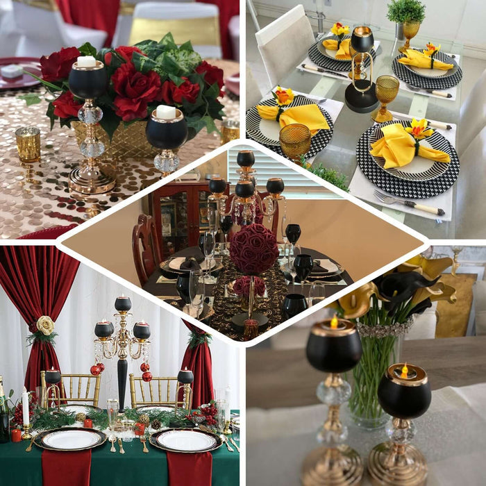 Elegant candle holders with floral arrangements on beautifully set tables.