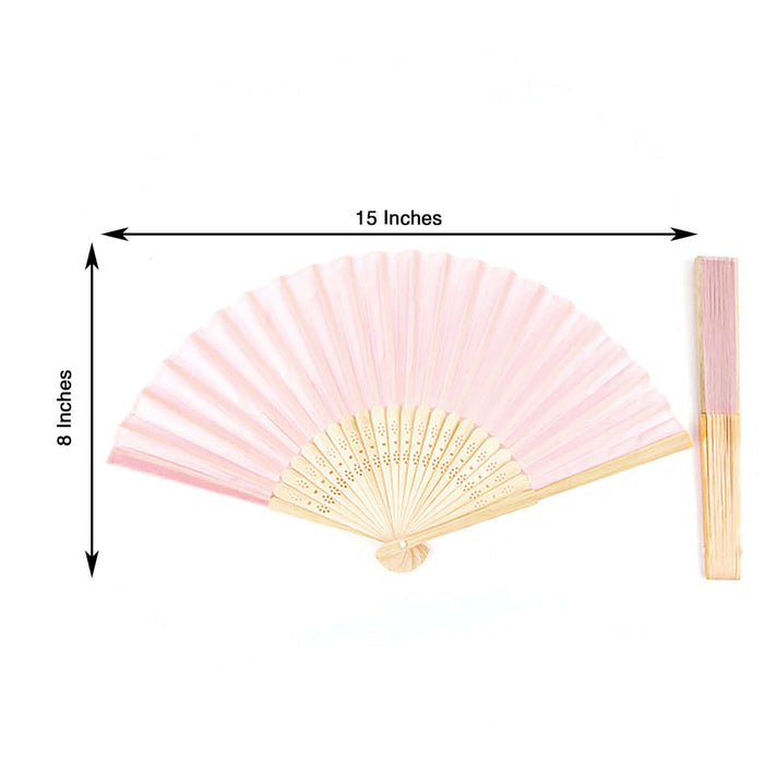 Pink folding fan with bamboo handle, 15 inches wide and 8 inches tall.