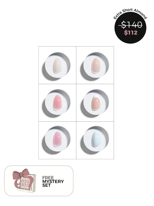 Product display with six extra short almond press-on nail samples and a price tag on a white background