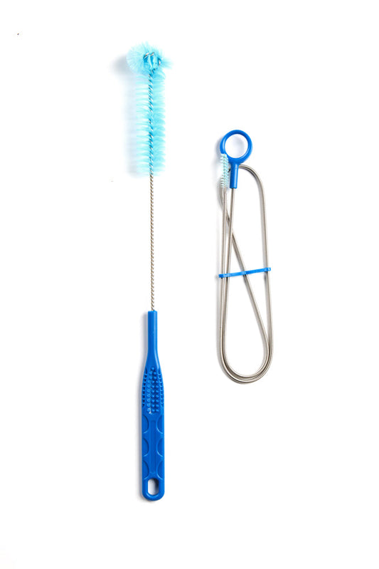 The 686 Hydrastash® Cleaning Kit from 686, featuring a blue bottle brush with a plastic handle and metal tongs with blue silicone grips, is displayed side by side on a white background.