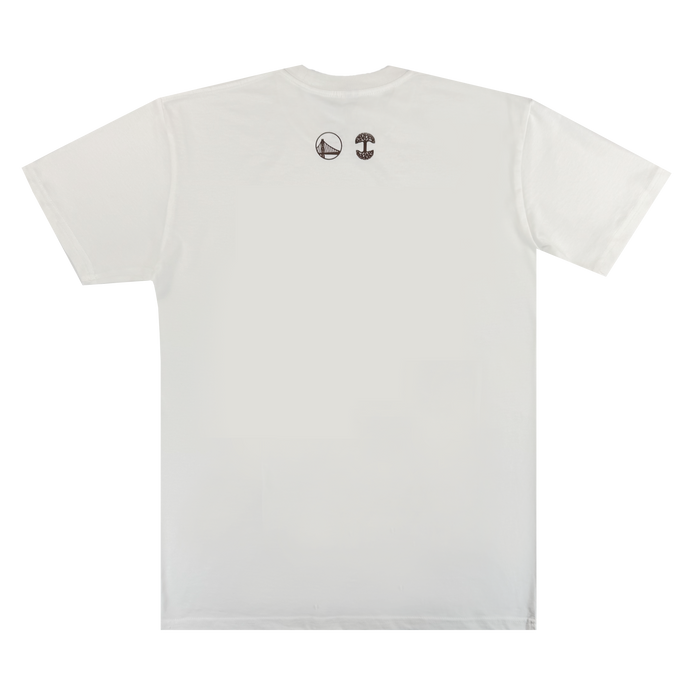Back view of a plain white 70's Trading Card Tee by Other, featuring two small black graphic symbols near the top: a peace sign (often representing peace or harmony) on the left and a mushroom on the right. The rest of this shirt is blank with short sleeves.
