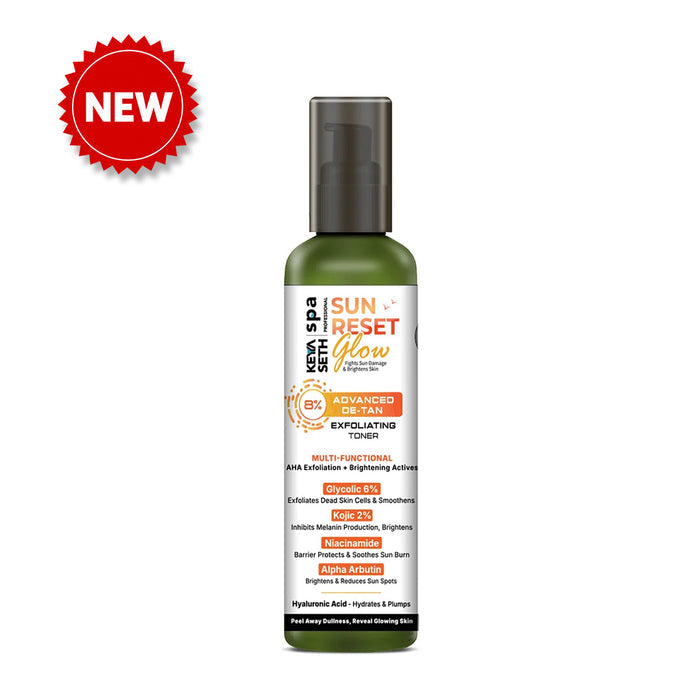 8% Advanced De Tan SUN Reset Glow Exfoliating Toner 6% Glycolic, 2% Kojic, Niacinamide, Alpha Arbutin, Fights Sun Damage & Brightens Skin - Keya Seth Aromatherapy