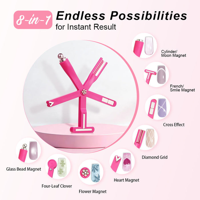 RARJSM 8-in-1 Starfish Magnet endless possibilities diagram showing all 8 magnetic tip options cylinder moon French smile T-pattern cross diamond grid glass bead four-leaf clover heart flower effects