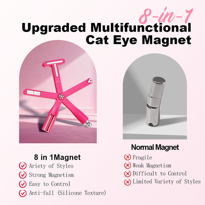 RARJSM upgraded multifunctional 8-in-1 cat eye magnet comparison versus normal magnet showing variety of styles strong magnetism easy control anti-fall silicone texture TPO HEMA Free certified
