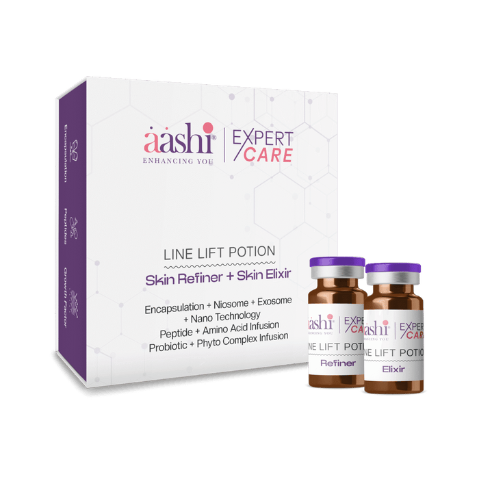 Close-up of Aashi Line Lift Potion displaying the sleek packaging designed to smooth wrinkles and enhance skin texture with potent active ingredients.
