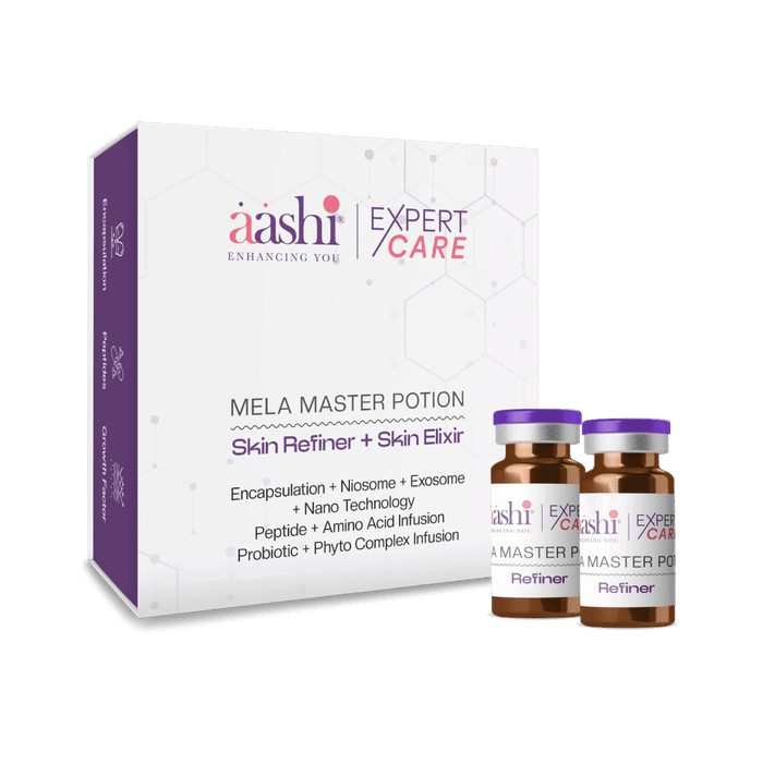 Aashi Mela Master Potion in a sleek bottle, showcasing the effective ingredients used to fade dark spots and achieve a brighter skin tone with this innovative skincare solution.