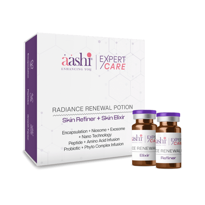 Aashi Radiance Renewal Potion showcasing the vibrant glow of skin after application, highlighting the powerful effects of this Radiance Renewal Potion.