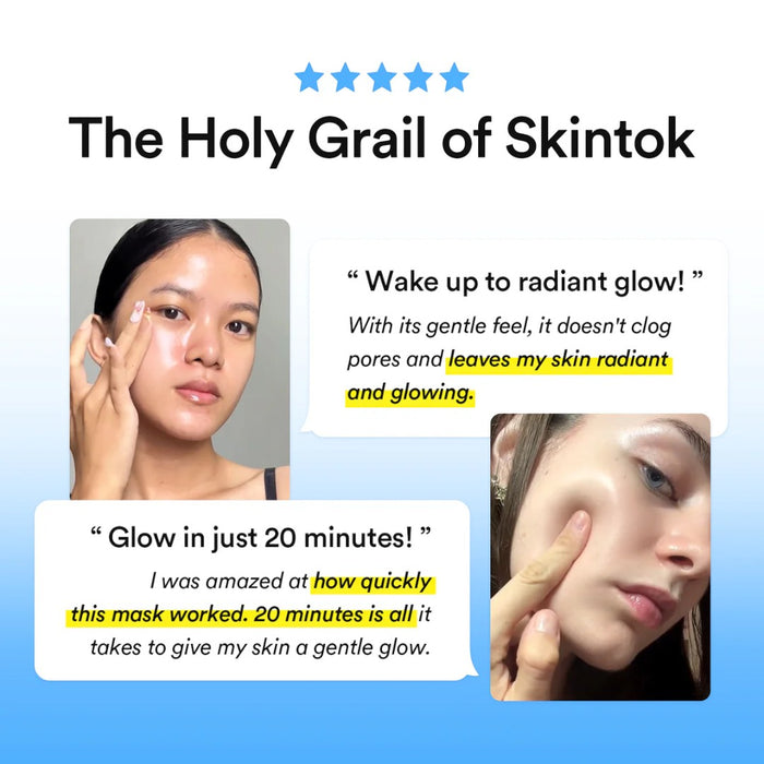 The Holy Grail of Skintok featuring glowing skin testimonials and radiant results in 20 minutes.