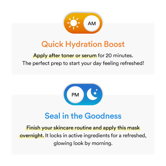 Quick Hydration Boost and Seal in the Goodness application instructions for skincare mask.