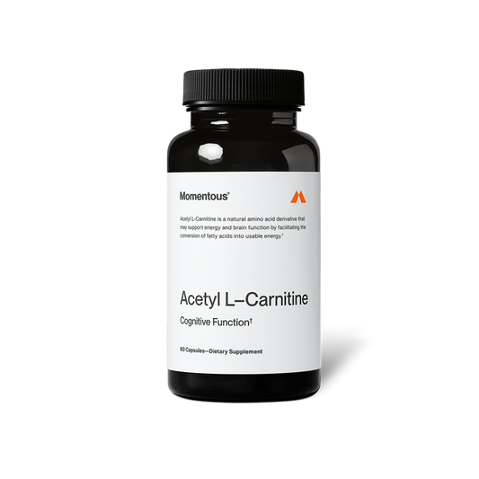 “Momentous Acetyl L-Carnitine bottle labeled ‘Acetyl L-Carnitine Cognitive Function’ with text describing it as a natural amino acid derivative that may support energy and brain function.”