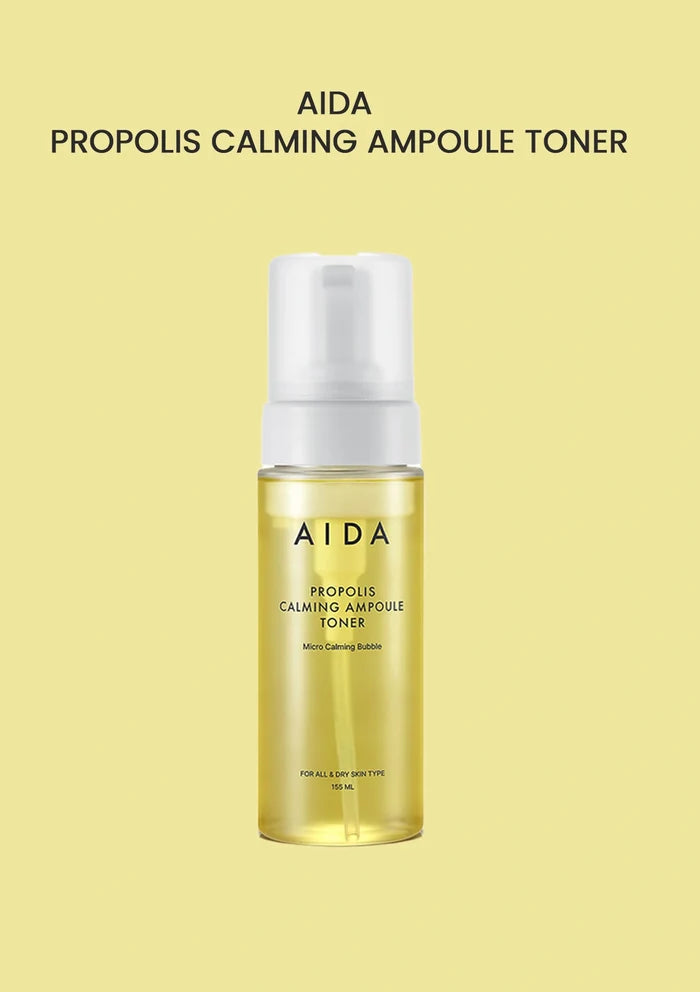 AIDA Propolis Calming Ampoule Toner bottle on a yellow background