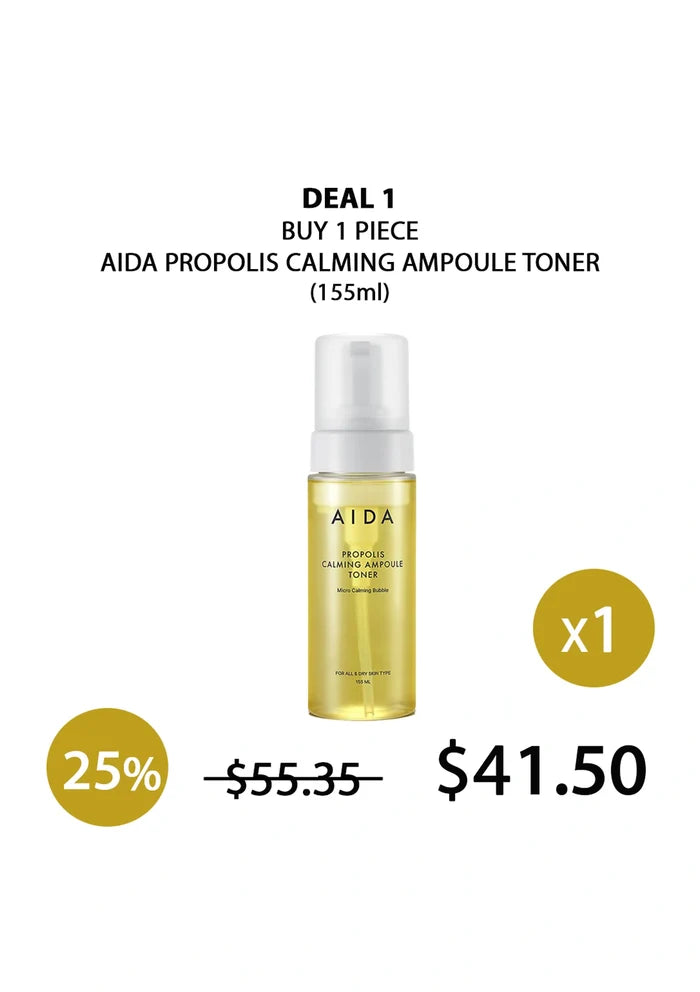 AIDA Propolis Calming Ampoule Toner bottle with promotional text on a white background