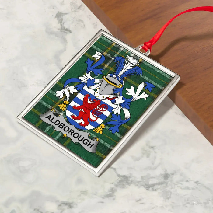 Aldborough Irish family crest Christmas ornament — crest and tartan detail