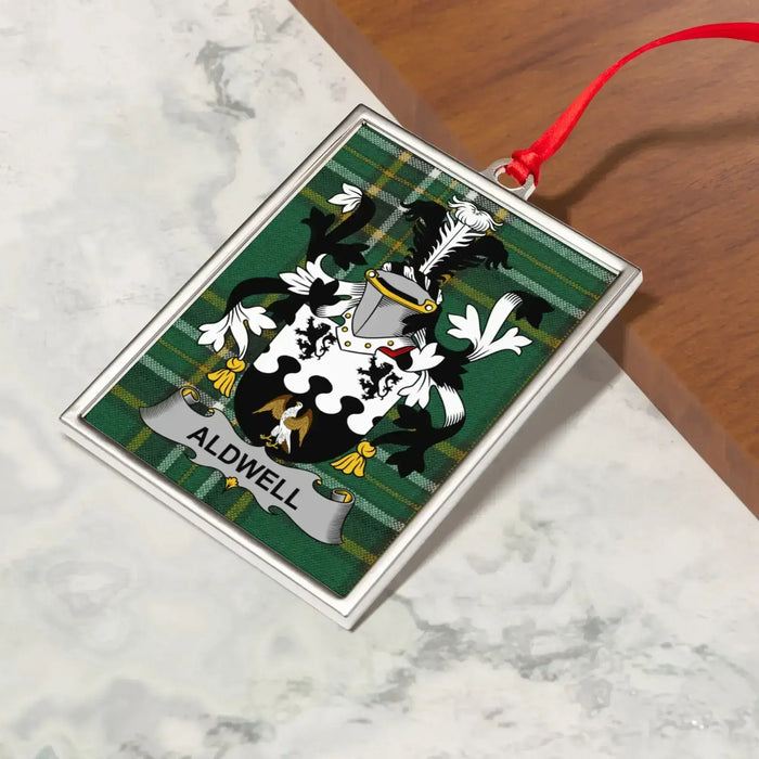 Aldwell Irish family crest Christmas ornament — crest and tartan detail