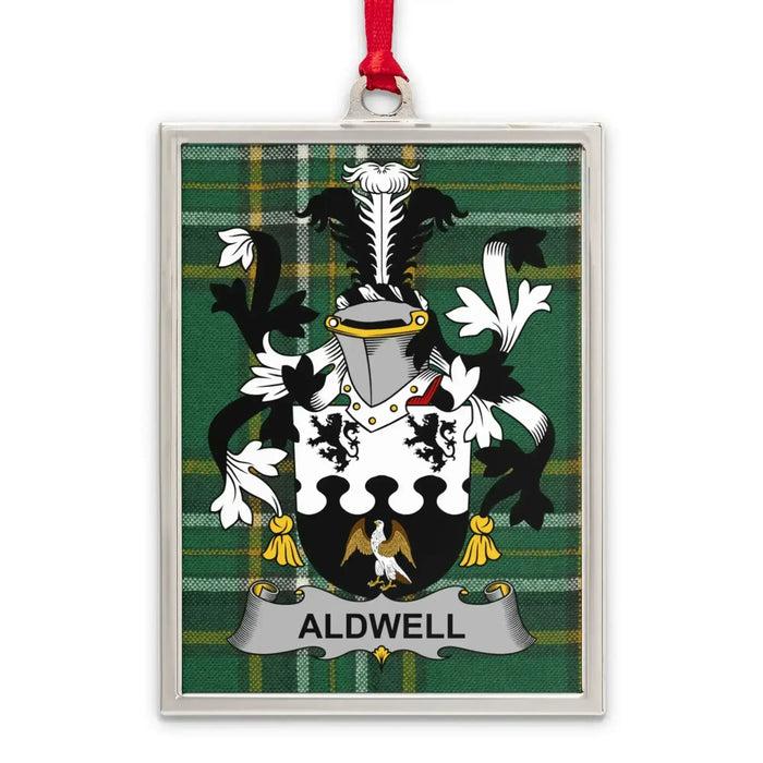 Aldwell Irish family crest Christmas ornament — silver-tone portrait-frame keepsake