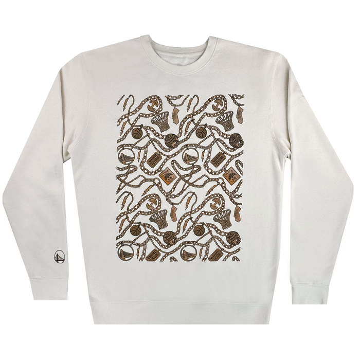 All Gold Forever Crew by Other: This off-white crewneck sweatshirt features a central rectangular pattern of intertwined brown ropes, anchors, chains, and nautical elements. A small circular emblem appears on the left wrist. The plain white background accentuates the detailed maritime-themed design—an exclusive piece from the Warriors x Oaklandish collaboration.