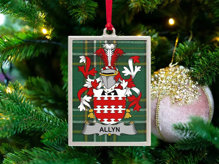 Allyn Irish family crest Christmas ornament — crest on the Irish national tartan in a silver-tone frame