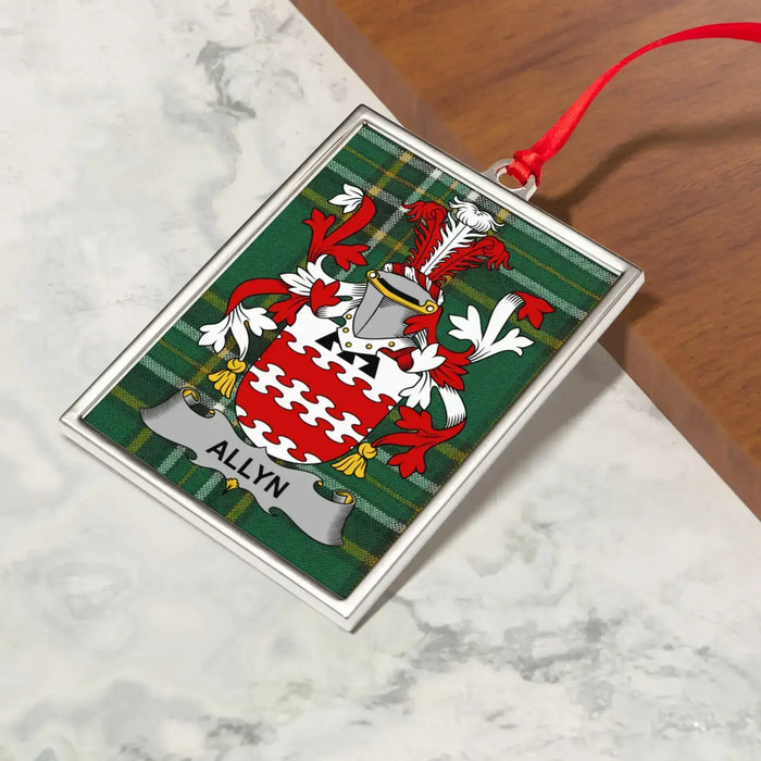 Allyn Irish family crest Christmas ornament — crest and tartan detail