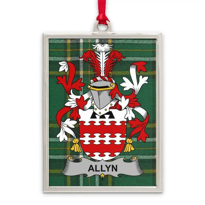 Allyn Irish family crest Christmas ornament — silver-tone portrait-frame keepsake