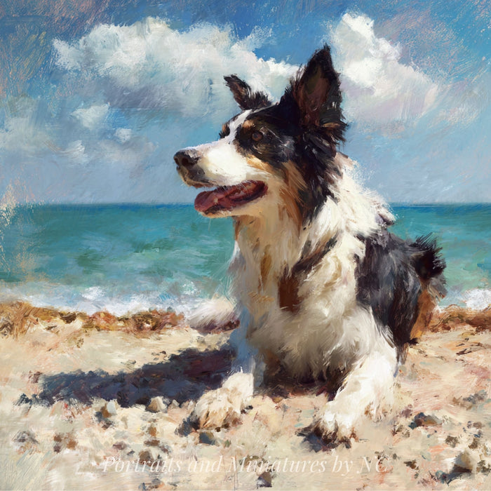 Alsation dog sitting on a rocky beach with ocean and sky in the background