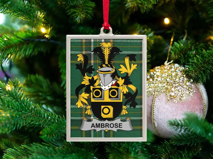 Ambrose Irish family crest Christmas ornament — crest on the Irish national tartan in a silver-tone frame