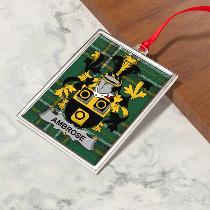 Ambrose Irish family crest Christmas ornament — crest and tartan detail